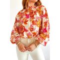 Orange Floral Print Pearl Button Keyhole Long P...
