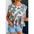 Green Floral Print Bow Applique Slit Sleeveless...