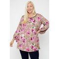 Women's Pink Plus Size Floral Bubble Sleeve Tunic
