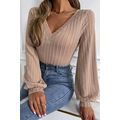 Khaki Knitted Jacquard V Neck Lantern Sleeve Top