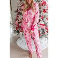 Pink Christmas Tree Print V Neck Buttoned Pullo...
