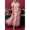 Pink Plus Size Floral Square Neck Puff Sleeve R...