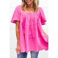 Bright Pink Textured Square Neck Flutter Sleeve...