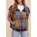 Multicolor Plaid Print Side Pockets Zipped Loos...