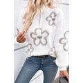 White Contrast Flower Half Zipper Stand Neck Sw...