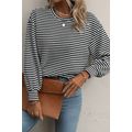 Black Stripe Round Neck Drop Shoulder Long Slee...