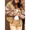 Khaki Waffle Knit Floral Print Patchwork Button...