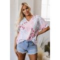 Pink Mixed Leopard Print V Neck Short Sleeve Bl...