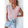 Light Pink Contrast Chevron Knit V Neck Sweater...