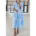 Sky Blue Floral V Neck Puff Short Sleeve Flowy ...