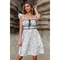 White Floral Print Pipping Trim Flutter Sleeve ...