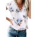 White Floral Scalloped V Neck Short Sleeves Top
