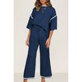 Navy Blue Contrast Trim Half Sleeve Top Drawstr...