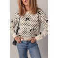 Beige Bow Decor Color Contrast Ribbed Edge Crew...