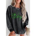 Black Shiny Lucky Clover Corded Drop Shoulder S...