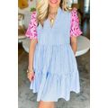 Sky Blue Stripe Contrast Floral Puff Sleeve Tie...