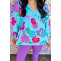 Light Blue Plus Size Floral Print Notched V Nec...