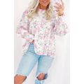 Pink Floral Print Shirred Balloon Sleeve Keyhol...