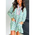 Green Floral Print Notched Neck Scalloped Detai...