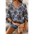 Blue Vintage Flower Tree Quarter Sleeve V Neck ...