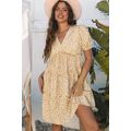 Yellow Floral Short Sleeve V Neck Frilly Tiered...
