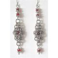 Earrings silver tone chainmaille red glass bead...