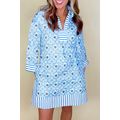 Sky Blue Contrast Striped Trim Floral Shift Fit...