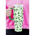 Dark Green Clover Print Thermos Cup with Handle...
