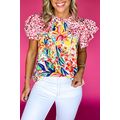 Red Floral Mixed Print Ruffle Cap Sleeve Blouse