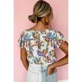Sky Blue Floral Buttoned Round Neck Ruffled Sle...