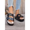 Black Dual Buckle Studded Platform Sandal Slippers