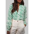 Green Printed Lace Detail Floral Puff Sleeve Fa...