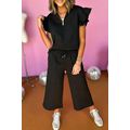 Black Textured Flutter Sleeve Top Wide Leg Pant...