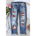 Sky Blue Santa Claus Pattern Splicing Distresse...