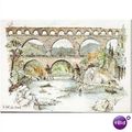 Pont du Gard Roman aqueduct France art card 1970s