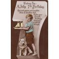 Boy with Toy Model Boat Dog Sea Cloudless Skies...
