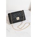 Black Textured PU Leather Gold Chain Buckle Sin...