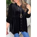 Black Sequin Puff Sleeve Buttoned Velvet Peplum...