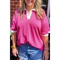 Pink Contrast Trim Collared Split Neck Short Sl...