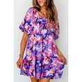 Purple Flower Print Short Puff Sleeve Ruffled D...