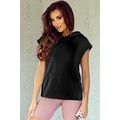 Black Solid Color Cap Sleeve Kangaroo Pocket Ho...
