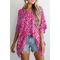 Pink Abstract Print V Neck Half Sleeve Loose Fi...