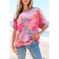 Pink Bowknot Printed Waffle Crewneck Loose Shor...