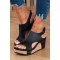 Black Vintage Leather Stitching Studded Wedge S...