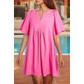 Bonbon Split V Neck Short Flutter Sleeve Pleate...