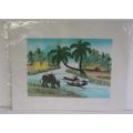 VINTAGE ORIENTAL ' Village River ' SCENE PRINT