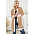 Brown Striped Side Pockets Open Front Cardigan