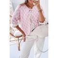Light Pink Checkered Knitted Lace-up Ruffled 3/...