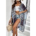 Blue Retro Floral Print Long Loose Open Front K...