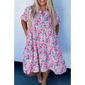 Pink Plus Size Floral Half Button Short Puff Sl...